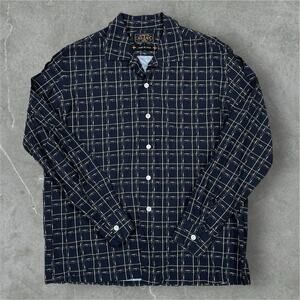 Beams Plus Long Sleeve Button Up Camp Collar Rayon Blend Shirt Abstract Grid